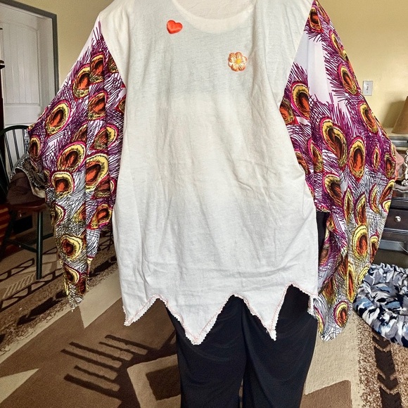 Fun Halloween Pumpkin Top with Colorful Sleeves.  Upcycled handmade! - Picture 4 of 5